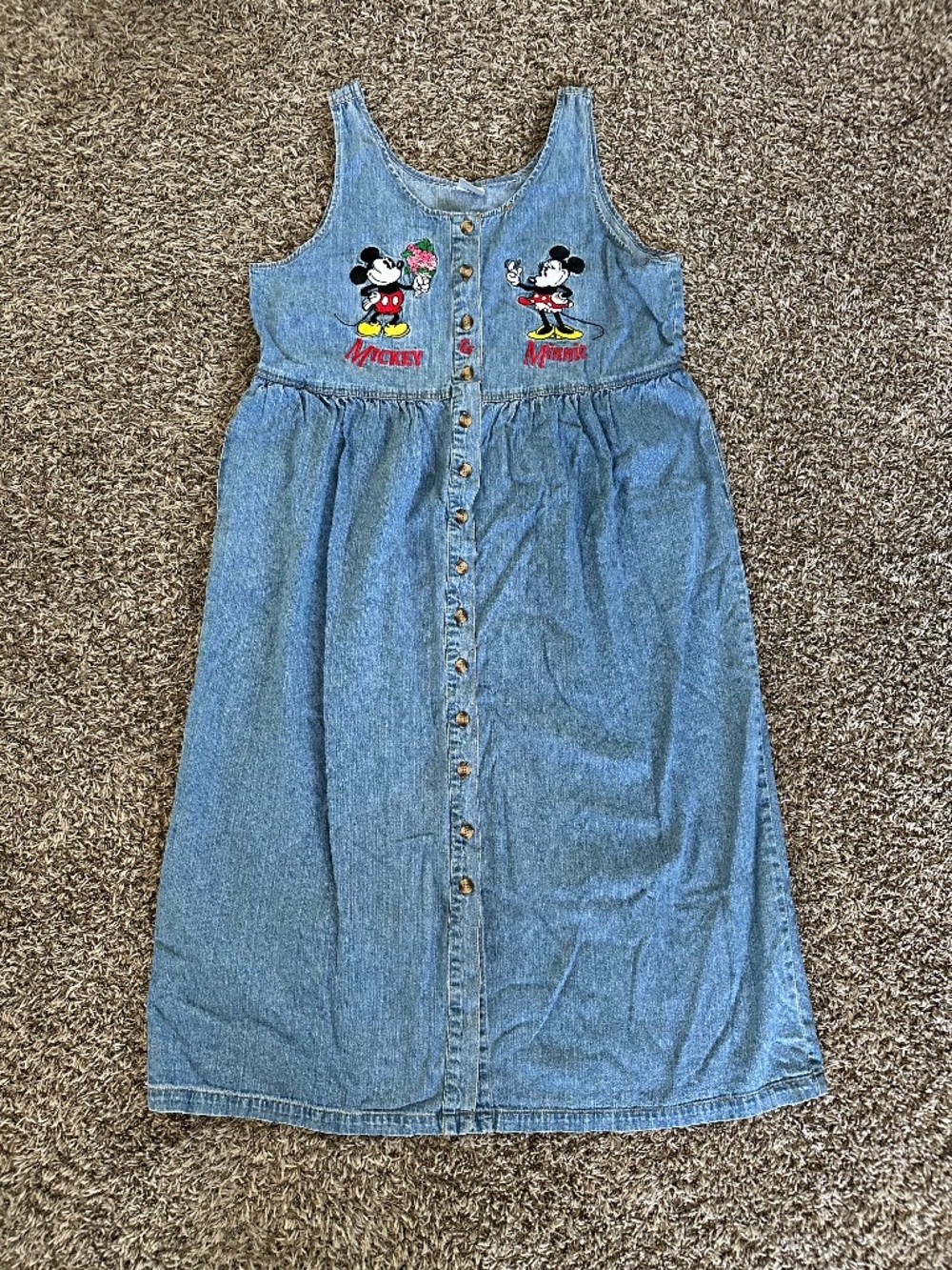 Vintage Disney Denim Dress Mickey & Minnie Embroidered Button-Front Midi